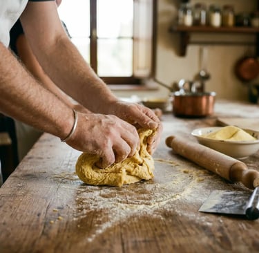 Chef kneading golden pasta dough on wooden table during Lecce cooking class in Puglia