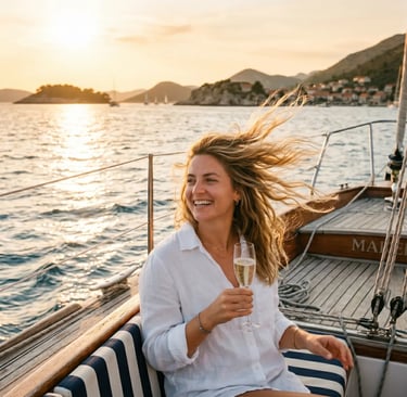 Happy woman holding prosecco glass on sailboat deck at golden hour sunset