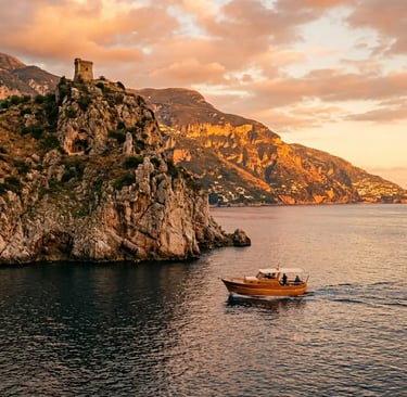 Wooden boat rounding Punta Campanella at sunset on return route to Positano, Saracen tower above