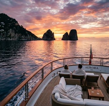 Couple watching sunset over Capri Faraglioni rocks from private yacht charter stern deck