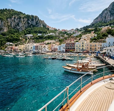 Capri Marina Grande view from luxury yacht deck with turquoise water and pastel harbor houses