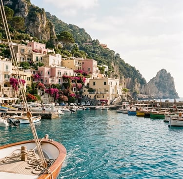 Colorful Marina Piccola harbour in Capri seen from an approaching boat