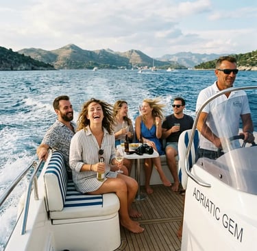 Guests laughing with captain on a Private Elaphiti Islands tour speedboat