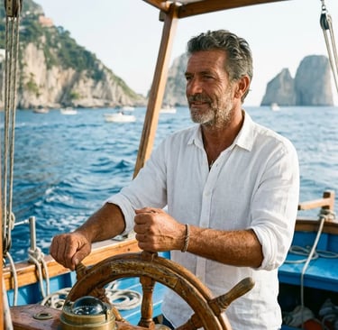Experienced local skipper Captain Alex at wooden helm of private gozzo near Faraglioni Capri
