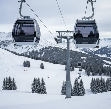 Two modern gondola cabins ascending over a wide, snow-covered ski slope with scattered pine trees an