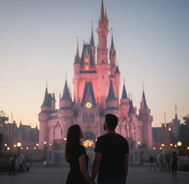 Couple standing in front of Cinderella Castle in Orlando Florida during a romantic sunset