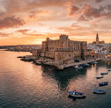 Aerial view of Castello Carlo V Monopoli at golden hour with fishing boats Puglia