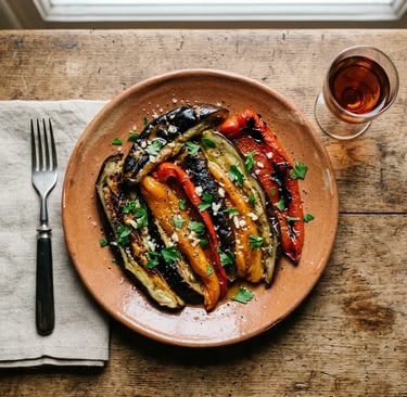 Fire-roasted escalivada with blistered peppers and eggplant paired with sweet wine