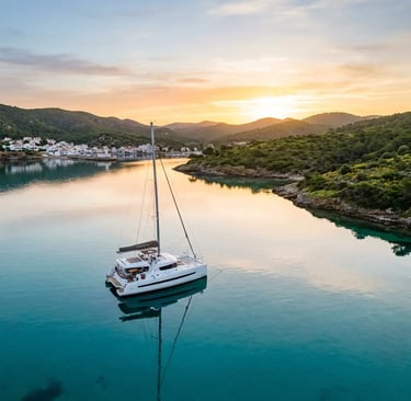 White catamaran anchored alone in glassy calm bay at dawn near Fornells Menorca
