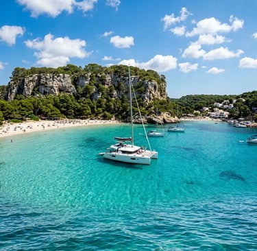 White catamaran anchored in turquoise waters of Cala Galdana Menorca