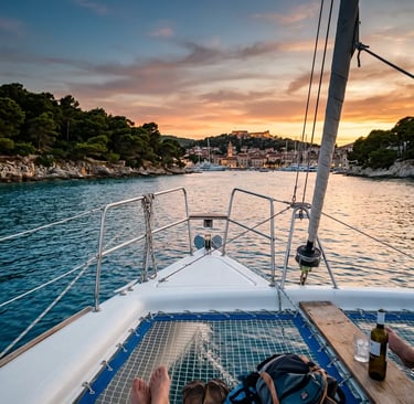 Catamaran bow view approaching Hvar town and Pakleni Islands at sunset Croatia