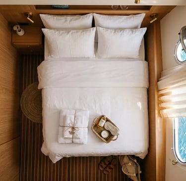 Overhead view of luxury catamaran double cabin with white linen and amenities