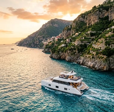 Luxury power catamaran cruising along the Amalfi Coast cliffs at golden hour sunset