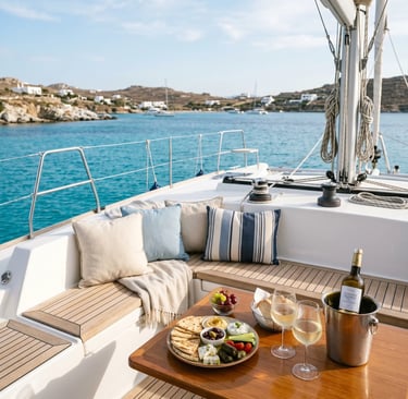 Luxury catamaran deck with Greek mezze platter and white wine overlooking turquoise Aegean waters