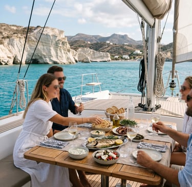 Guests enjoying Greek lunch on premium catamaran cruise deck near Kleftiko cliffs Milos