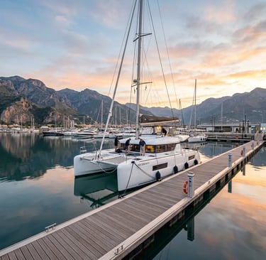 Prestige M48 catamaran docked at Marina d'Arechi Salerno at sunrise ready for Capri charter