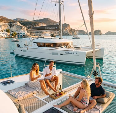 Couples relaxing with wine on premium catamaran deck near Milos cliffs at sunset