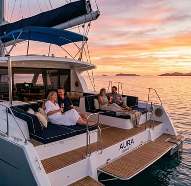 Two couples relaxing with drinks on catamaran stern at golden hour sunset