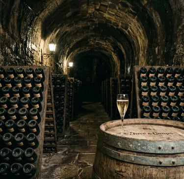 Cava glass on barrel in Juvé & Camps underground cellar with riddling racks