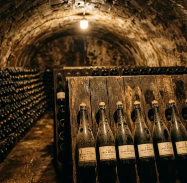 Cava Gran Reserva bottles aging on traditional wooden racks in underground cellar
