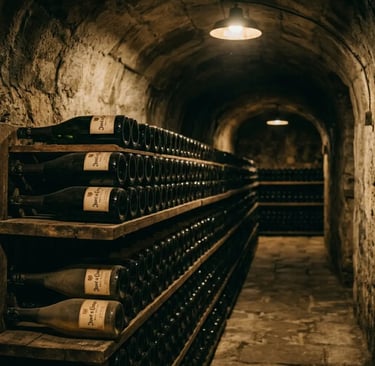 Cava bottles aging on wooden racks in the Juve and Camps cellar in Penedes