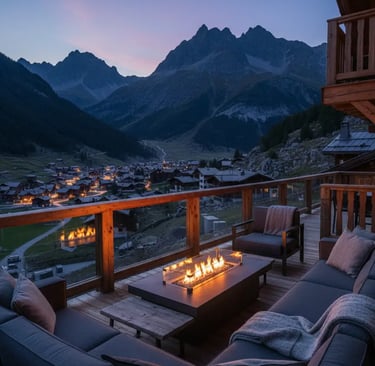 A cozy outdoor balcony lounge with a modern fire pit table and grey sofas, overlooking a lit-up alpi
