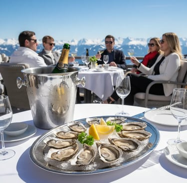 Fresh oysters and champagne served on a sunny terrace with a panoramic view of the snow-capped Austr