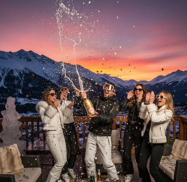 Après-ski champagne celebration at Le Cap Horn Courchevel during sunset.