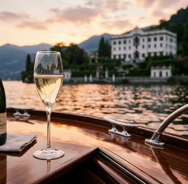Champagne glass on luxury boat deck with Villa Carlotta at sunset Lake Como