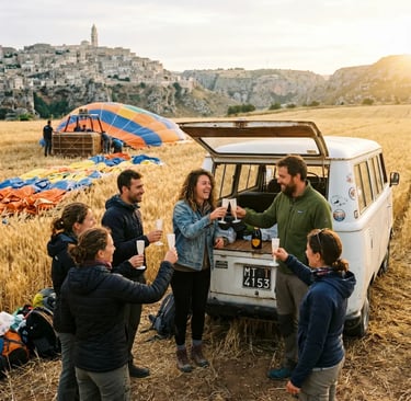 Travelers toasting with sparkling wine by vintage van in wheat field after Matera balloon ride.
