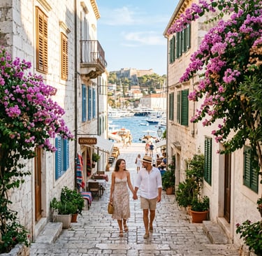 Couple walking hand in hand through bougainvillea-lined stone street in Hvar Town Croatia