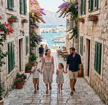 Family with kids eating gelato in charming stone street of Bol old town on Brač island