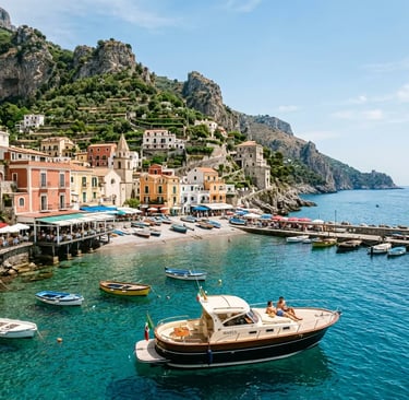 Private boat anchored in charming Nerano bay with colorful Italian waterfront restaurants