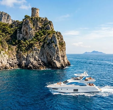 Luxury yacht cruising past Punta Campanella watchtower on a dramatic rocky cliff