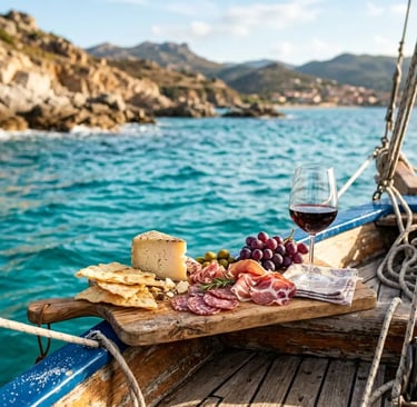 Sardinian pecorino cheese cured meats and wine served on a boat deck