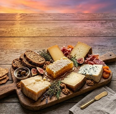 Artisan Lika mountain cheese board with honeycomb walnuts and herbs at sunset dining setting