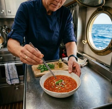 Chef plating fresh gazpacho starter in yacht galley kitchen with Mediterranean Sea porthole view
