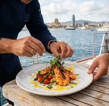 Private chef plating fresh seafood on a yacht deck near Barcelona