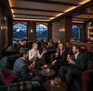 Sophisticated indoor hotel lounge in Val Gardena featuring elegant guests enjoying evening drinks in