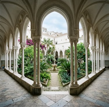 Arabian-style arches and garden inside Chiostro del Paradiso cloister in Amalfi