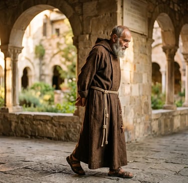 Elderly Capuchin monk in brown habit walking through sunlit stone cloister in Italy