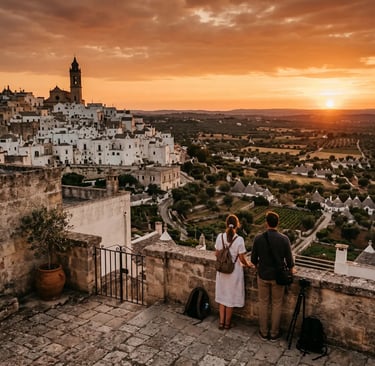 Couple watching sunset over Valle d'Itria's whitewashed hilltop town and scattered trulli in olive groves.