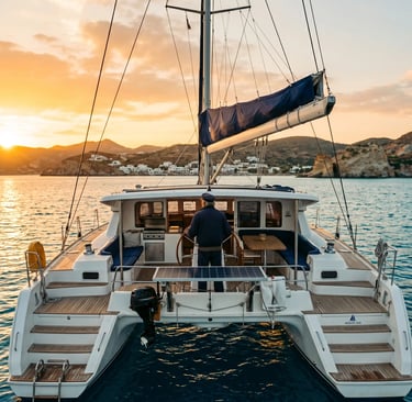 Greek captain steering luxury catamaran at golden sunset along Milos coastline