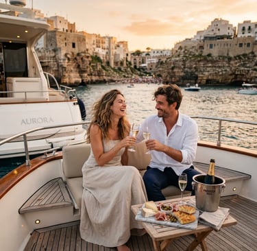 Couple toasting prosecco on private yacht Aurora at sunset in Polignano a Mare cliffs background