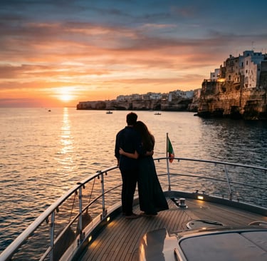 Couple embracing on yacht bow watching sunset over Polignano a Mare cliffs and Adriatic Sea