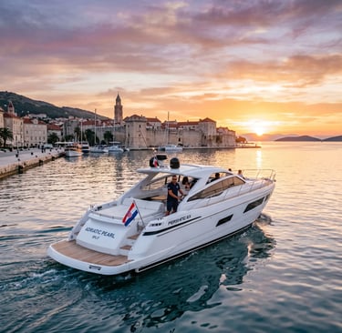 Luxury speedboat Adriatic Pearl docked in Split harbor at sunset with Diocletian Palace in background