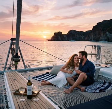 Couple enjoying wine at sunset on the front net of a catamaran near Milos coastline.