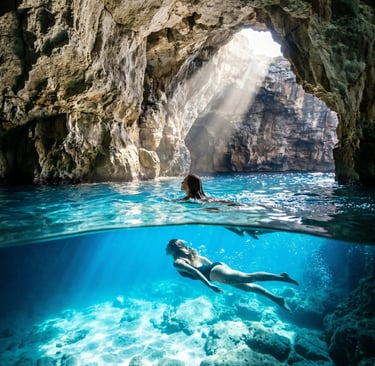 Swimmers in crystal turquoise water of a secret sea cave between Monopoli and Polignano a Mare