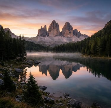 Tre Cime di Lavaredo at golden sunrise reflected in misty Alpine lake, Dolomites