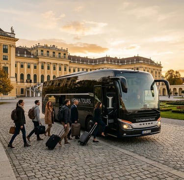 Travelers boarding Vienna Tours coach bus at Schönbrunn Palace golden hour